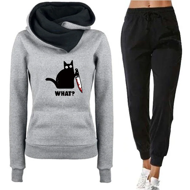 Women's Tracksuit Cat Print Irregular Collar Long Sleeves Hoodie Sweatshirt Casual Sports Clothes AutumnWinter Single Tops Pants