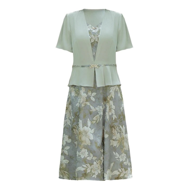 الصيف قصيرة الأكمام عادية فستان بفتحة عنق على شكل v موضة Bodycon فستان الحفلة الراقصة المرأة المرقعة الأزهار وهمية قطعتين فستان ميدي