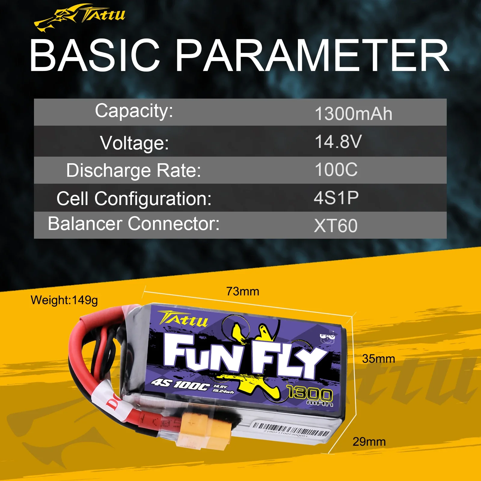 Tattu FunFly 100C 1300mAh 14.8V Lipo Battery 4S Battery XT60 Plug for UAV Types FPV Frame Practice 250 230 210 180 Size Racing