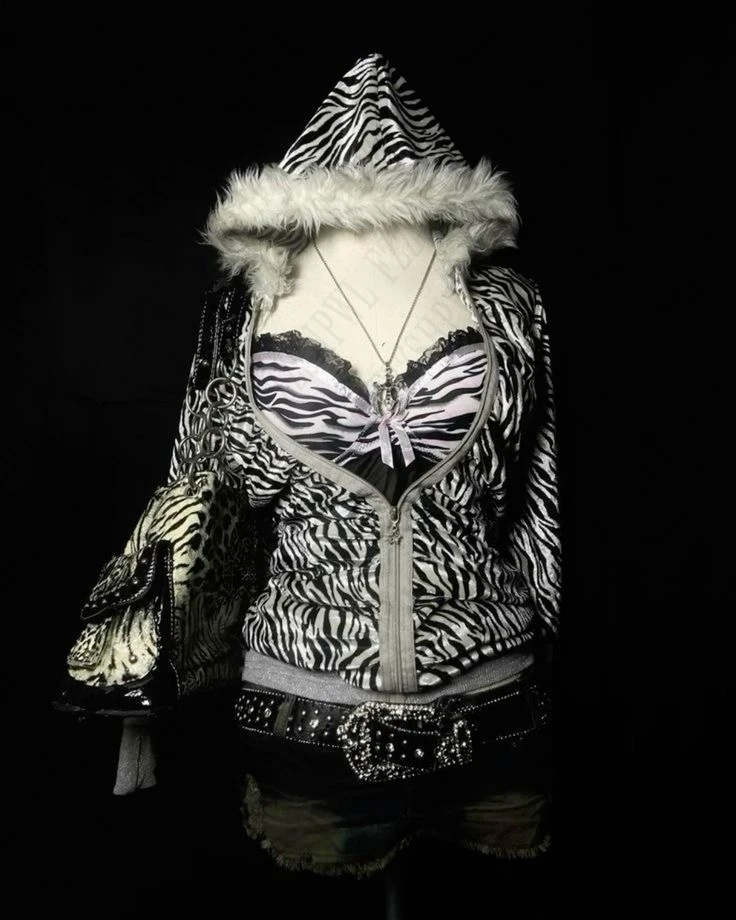 90's zebra print Harajuku punk Goth zipper hoodie for women Y2K Sexy slim American retro faux fur hip hop junk fashion women top