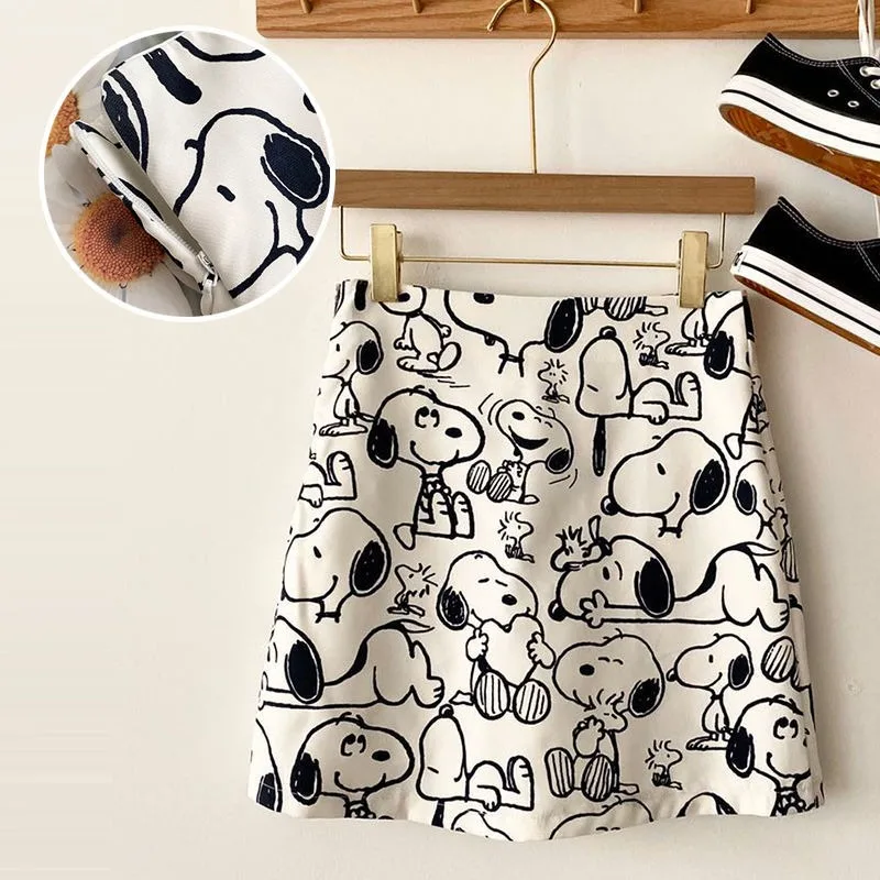 Fashion Snoopy Kawaii A-line Skirt Sweet Girls All-match High Waist Slim Half-length Summer Dress Y2K Casual Short Sleeves Gifts