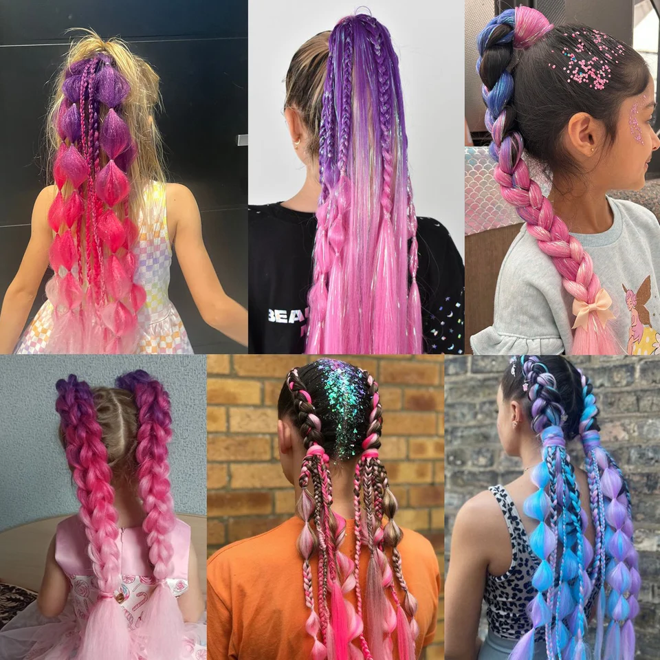 Extensión de Cola de Caballo con Tinsel Púrpura, Rojo y Rosa con Liga para Niñas, Cabello Loco para Fiestas 6