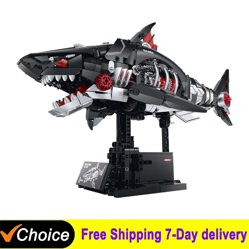 

NEW 1100Pcs Technical Electric Mechanical Shark Building Blocks With Light Creative Desktop Ornaments Educational DIY Toy Gifts