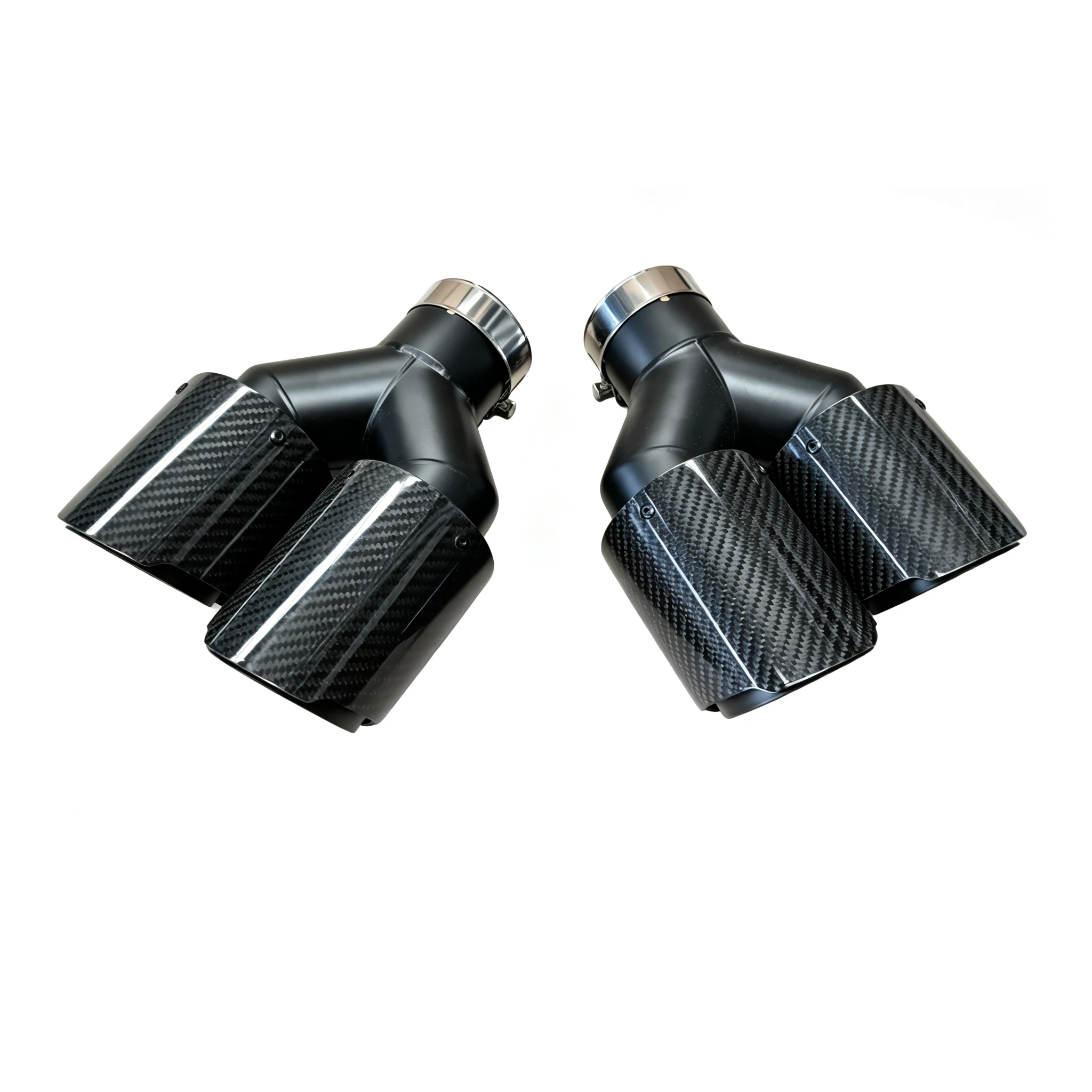 Y-shaped quad outlet carbon case exhaust pipe, black bevel-textured stainless steel auto tailpipe, GM retrofit exhaust nozzle