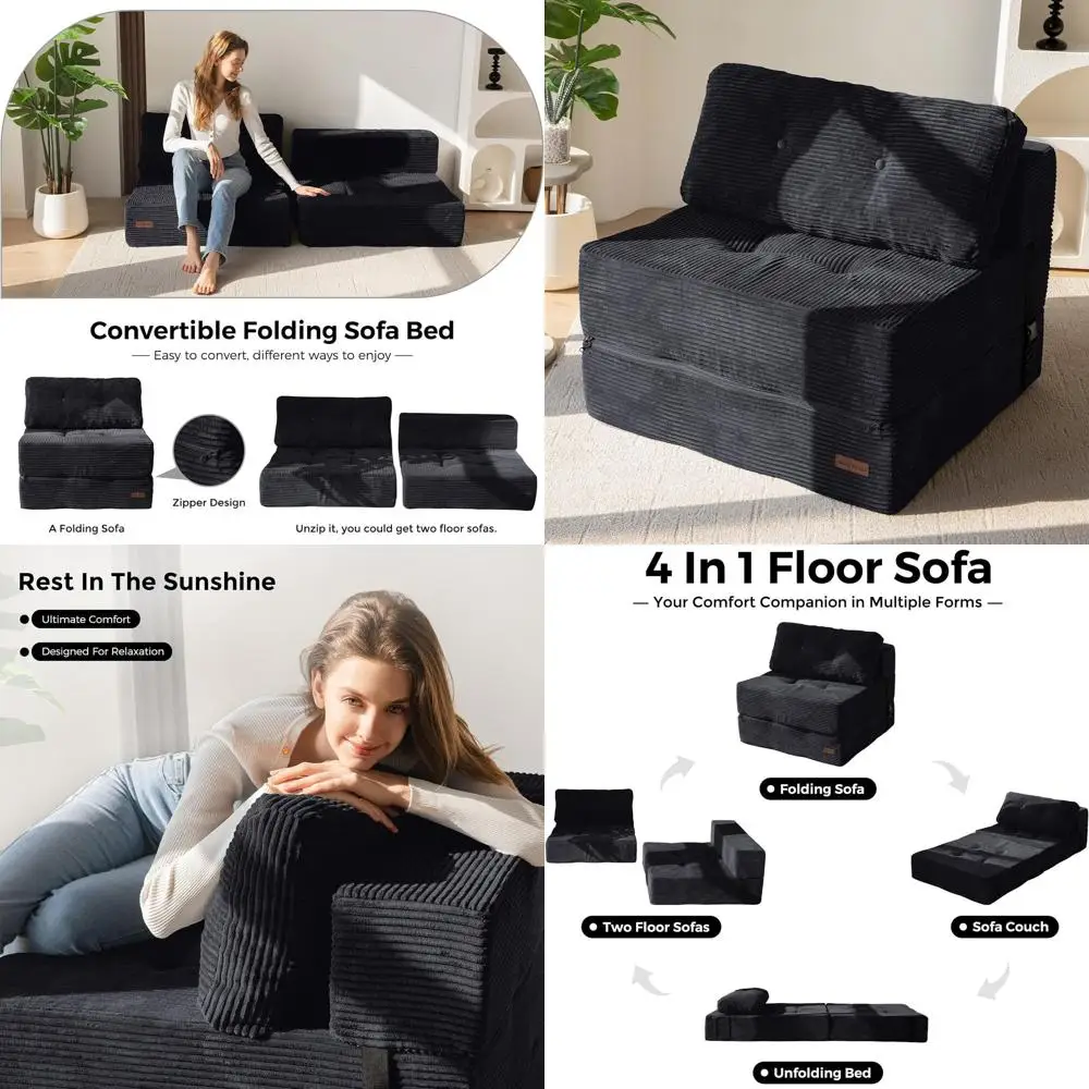 Sofá cama convertible de espuma de alta densidad, tumbona plegable portátil 4 en 1, sofá de piso versátil para uso doméstico, negro
