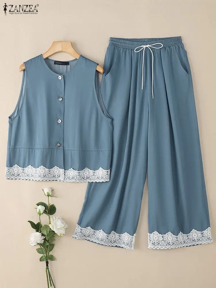 ชุดเซ็ตแฟชั่นผู้หญิง ZANZEA 2025 ชุดฤดูร้อนผ้าลูกไม้ 2 ชิ้น เสื้อแขนกุดสวยหรู กางเกงขายาวเอวยางยืด ชุดลำลอง