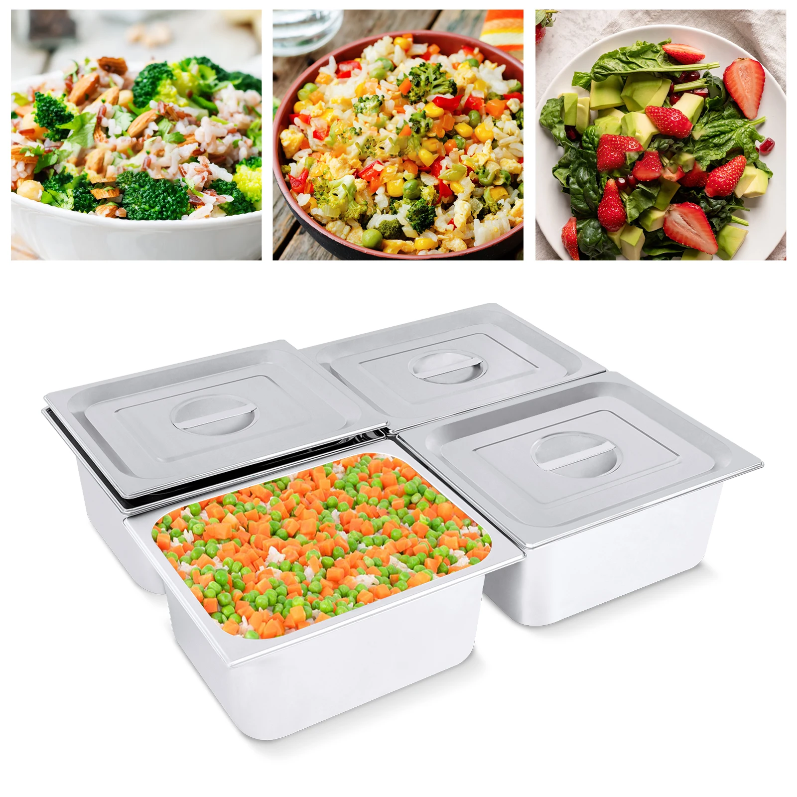 4 Pack 6" Deep 1/2 Size Steam Table Pans and Lids Hotel Food Pan Stainless Steel