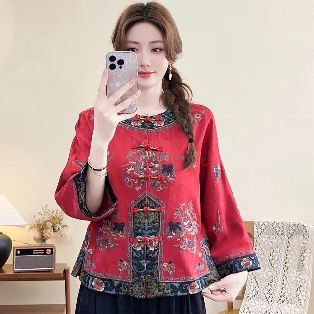 Chinese style Shirt Embroidered Tang suit coat women Retro Loose Cotton Linen Ethnic Style casual daily traditional hanfu coat