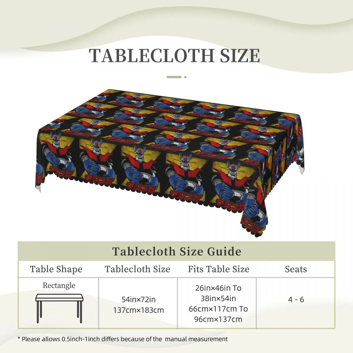 Mazinger Z, Vintage Style Tablecloth Restaurant Kitchen Rectangular Tablecloth Festival Decorations Outdoor Dining Table Cover