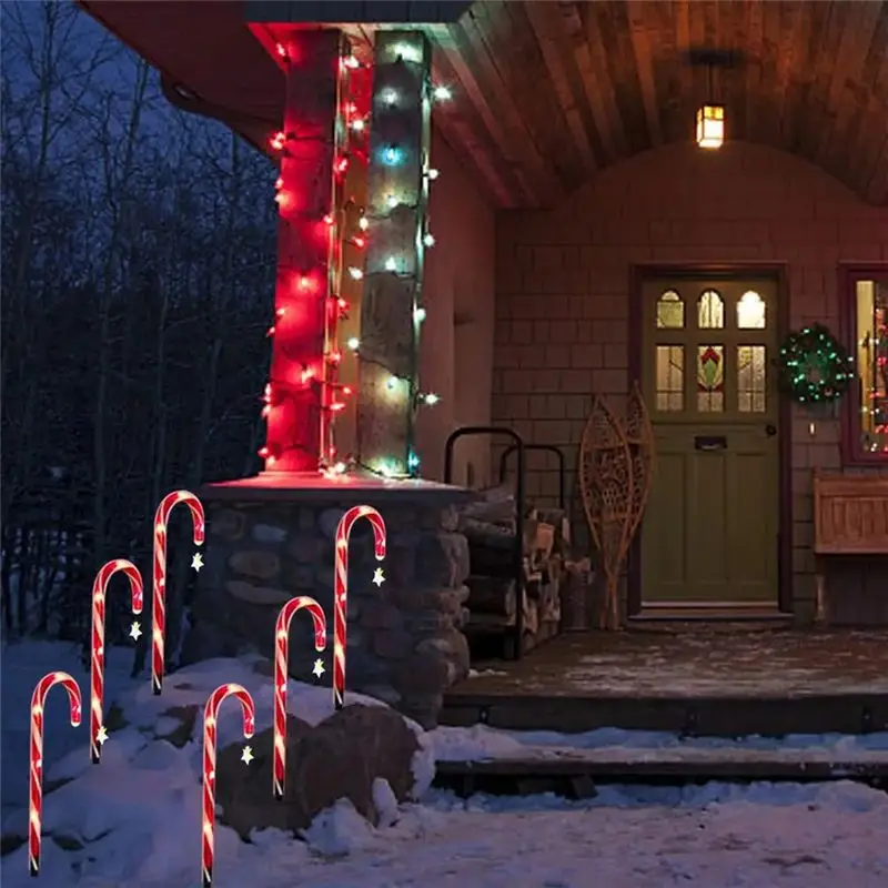 AT21-Christmas Candy Cane Pathway Lights Solar Powered Christmas Decorations Stake Lights 1 To 8 LED Stake Lights Floor Lamp