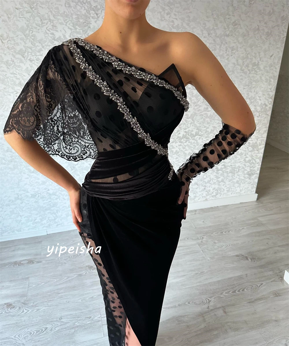 Customized Sparkle Intricate One-shoulder Sheath Party Dress Beaded Lace Tulle Shirred Anke Length Skirts Charmeuse Evening