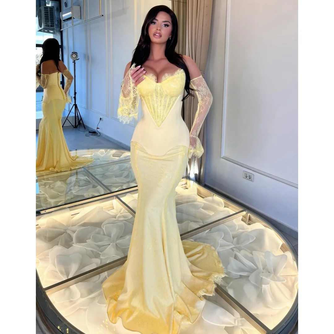 

Light Yellow Lace Evening Dresses Exquisite Bustier Corset Mermaid Prom Dress Luxury Party Gown Gala Vestidos Customized
