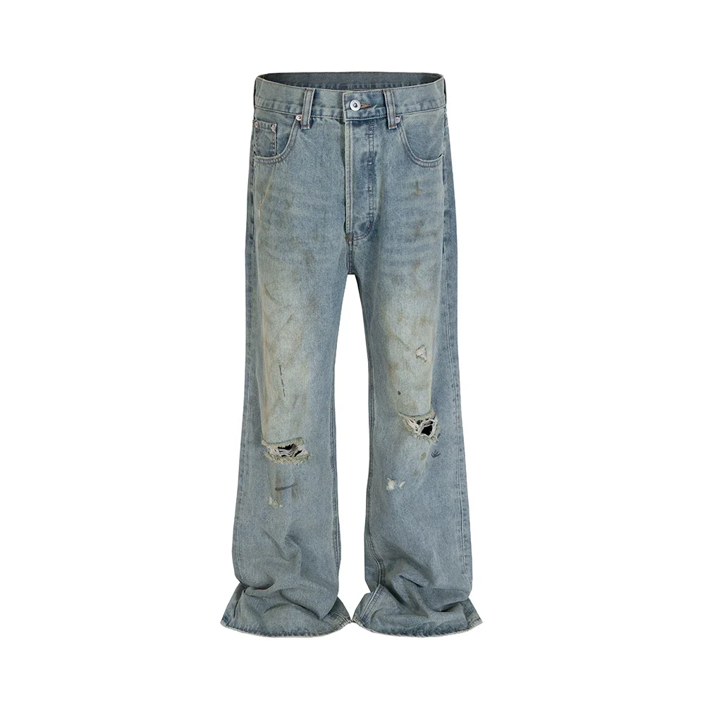 

Ripped Hole Washed Blue Mud Dyed Baggy Jeans for Men and Women High Street Distressed Casual Overalls Loose Denim Trousers