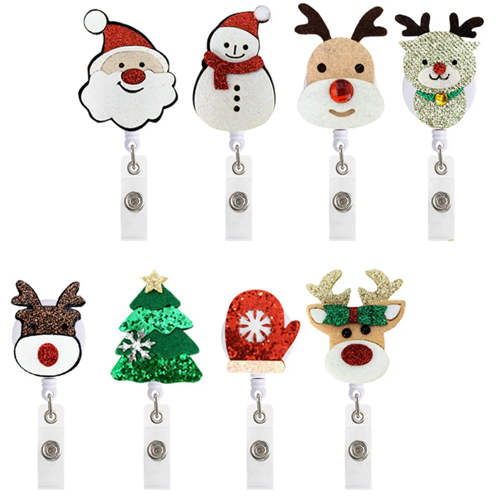 8 Pcs Christmas Easy Pull Button Teacher Badge Reels Retractable Decorate ID Holders Abs Nurse Decorative