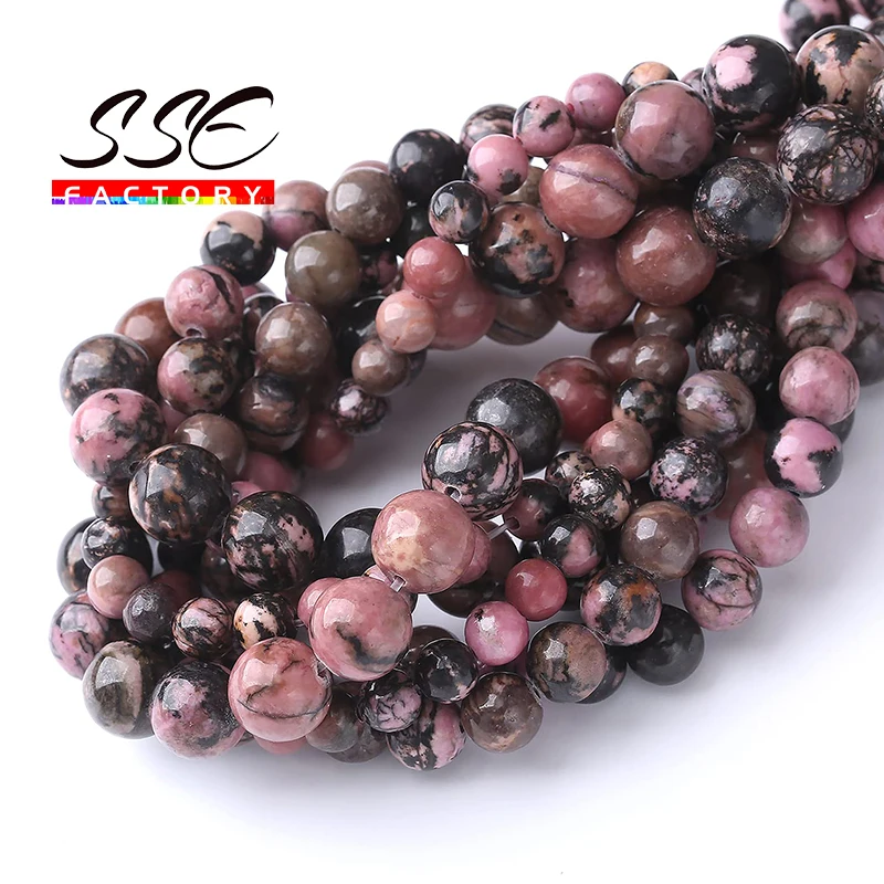 A+ Black Lace Rhodonite Beads Natural Stone Round Loose Spacer Beads For Jewelry Making 4 6 8 10 12mm DIY Bracelet Necklaces 15\