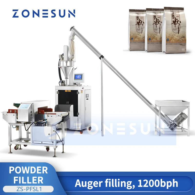 ZONESUN Automatic Powder Auger Filling Sealing Machine Tea Spice Chili Milk Coffee Pouch Bag Packaging Metal Detector ZS-PFSL1