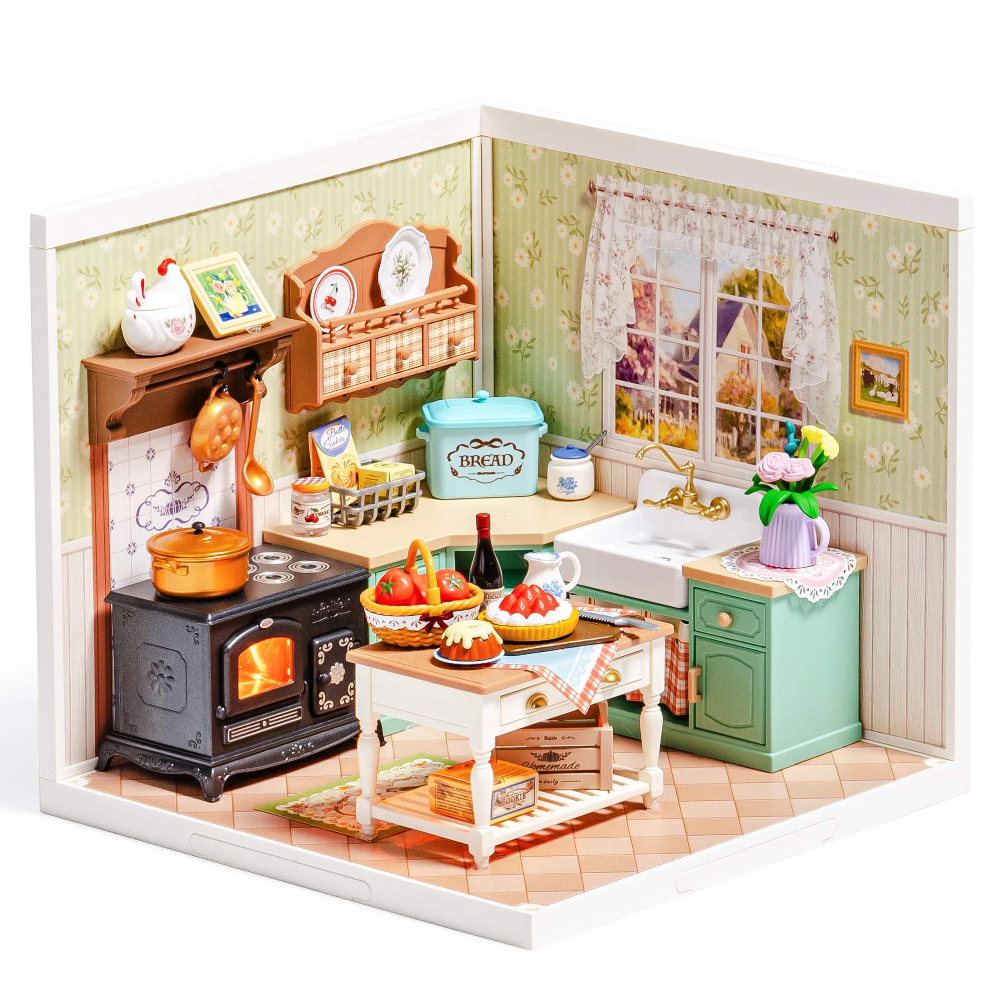 Robotime Cozy Farmhouse Kitchen Dollhouse Kit Miniatura Fai da Te, Regalo Artigianale Rilassante per Adulti e Adolescenti, Esposizione Nostalgica in Stile Country
