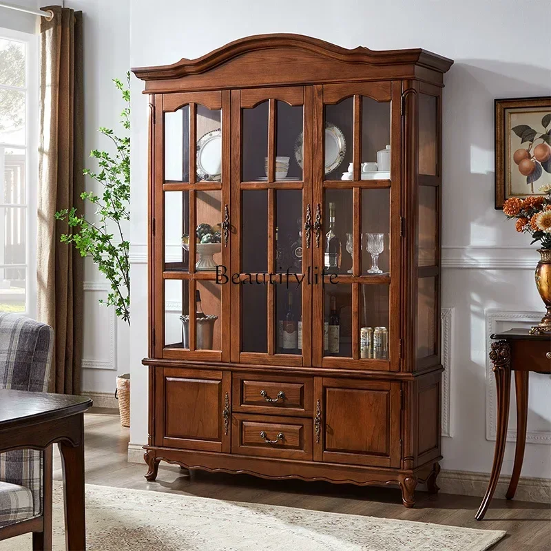 

yj21 Трехдверный винный шкаф из цельного дерева в американском стиле, винтажный стиль для гостиной, новый шкаф-витрина со стеклянной дверью