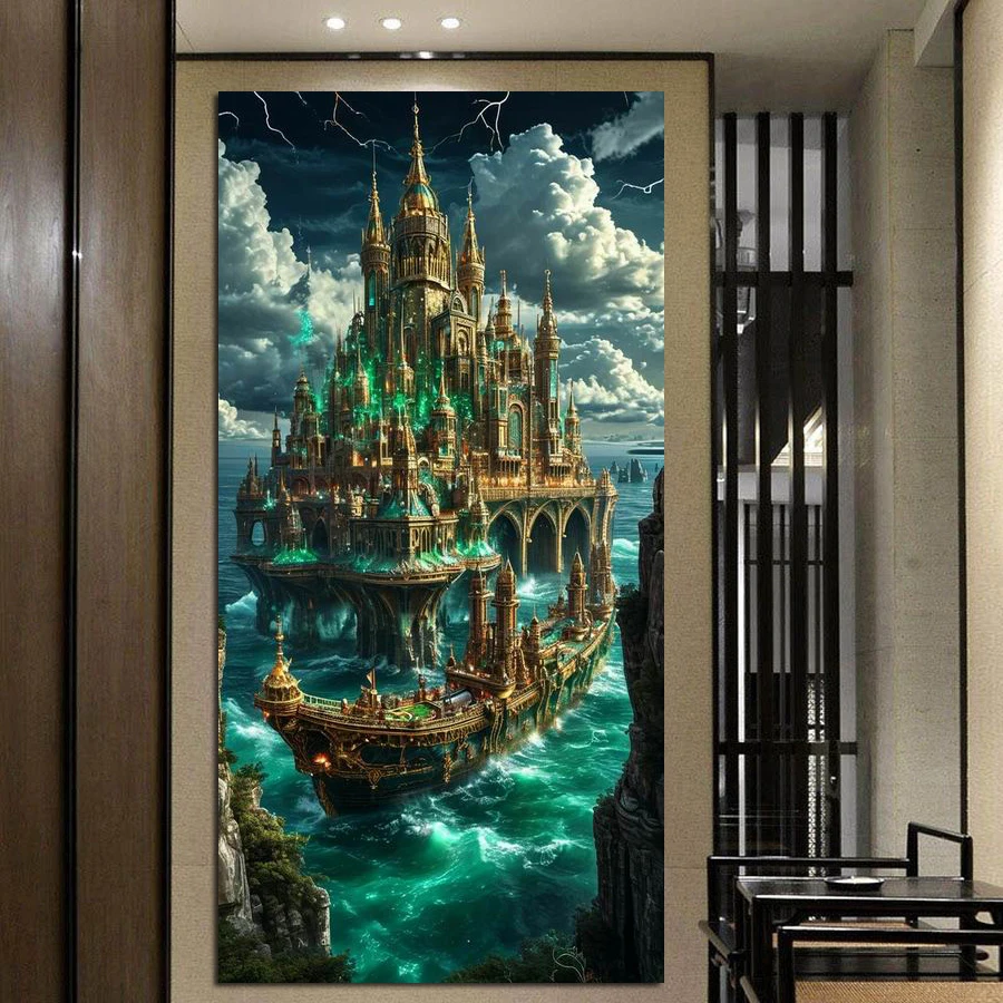 

Fullcang Lightning Castle Sailboat Large Size Diy Diamond Arts Painting Kits Scenery Full Mosaic Embroidery Picture Wall Decor