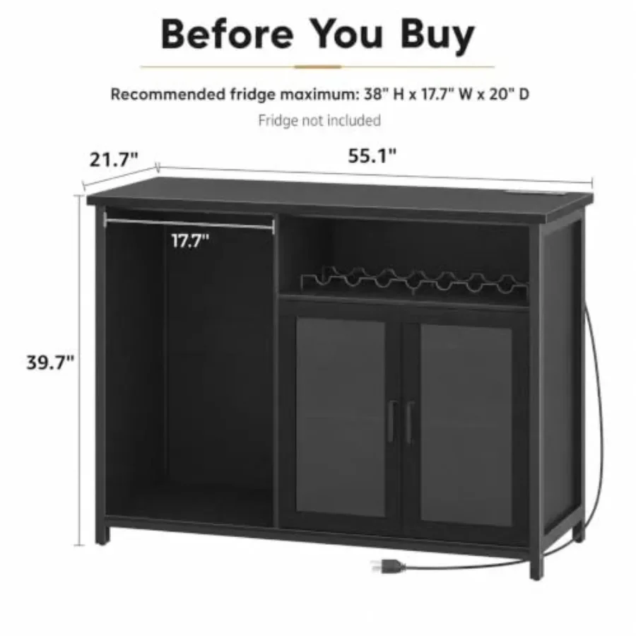Wine Bar Cabinet with Mini Fridge Space, Power Outlet, LED Lights