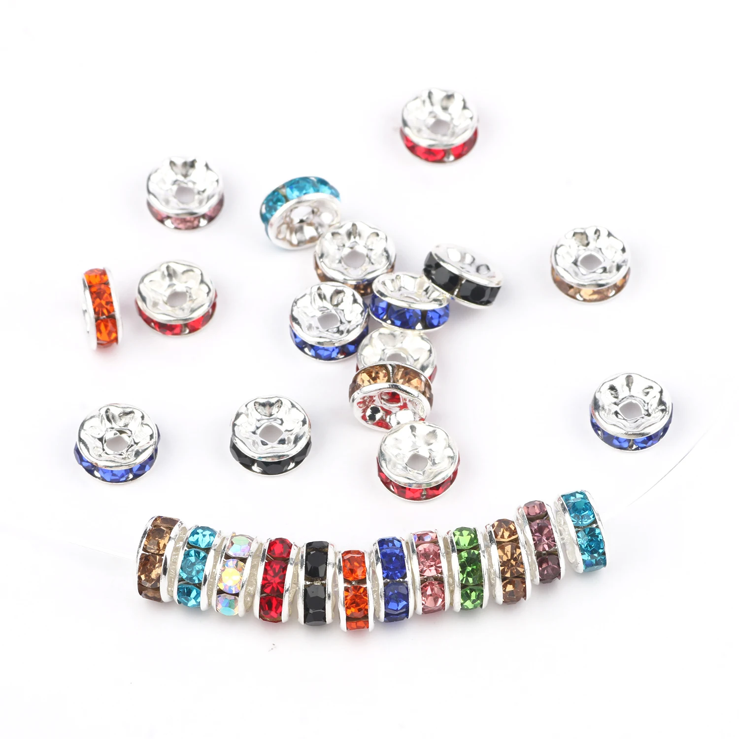 50pcs Rhinestone Spacer Beads Multi-color Crystal Metal Spacers Rondelle Beads for Jewelry Making DIY Bracelets Accessories