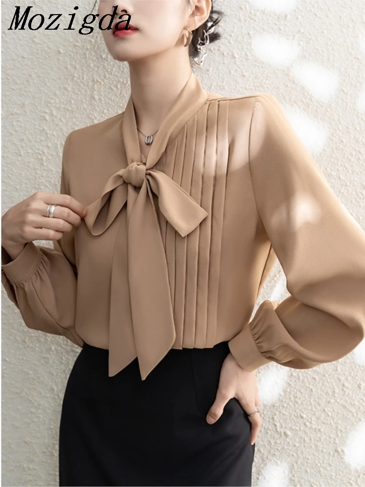 

Autumn Bow Pleated Women's Blouses Fashionable Elegant Office Buttons Oversized Korean Style Wild Ladies Shirts Tops