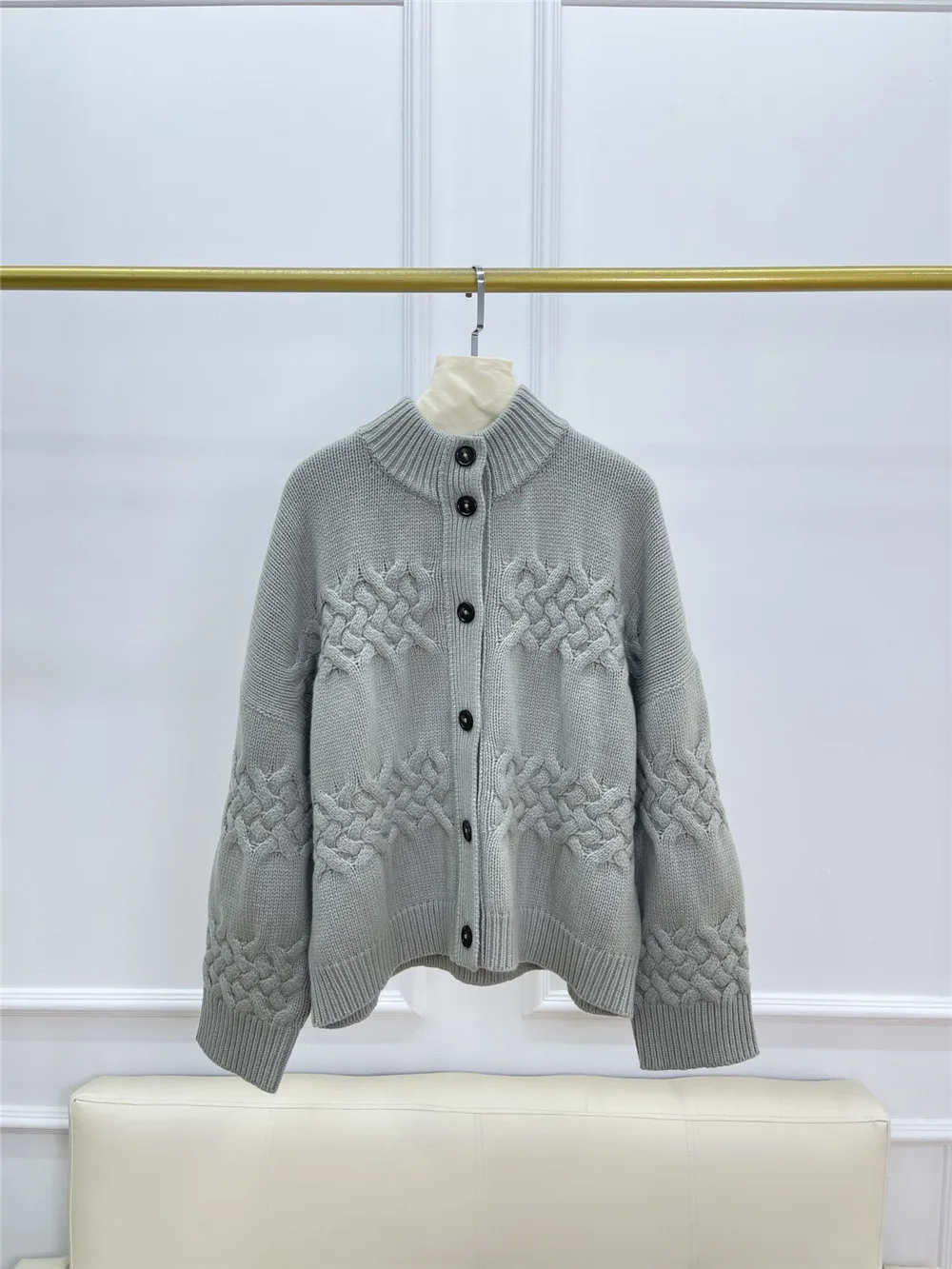 Classic Twisted Yarn Stand Collar Wool Cardigan Women's Thickened Warm Drop Shoulder All-match Sweater Jacket