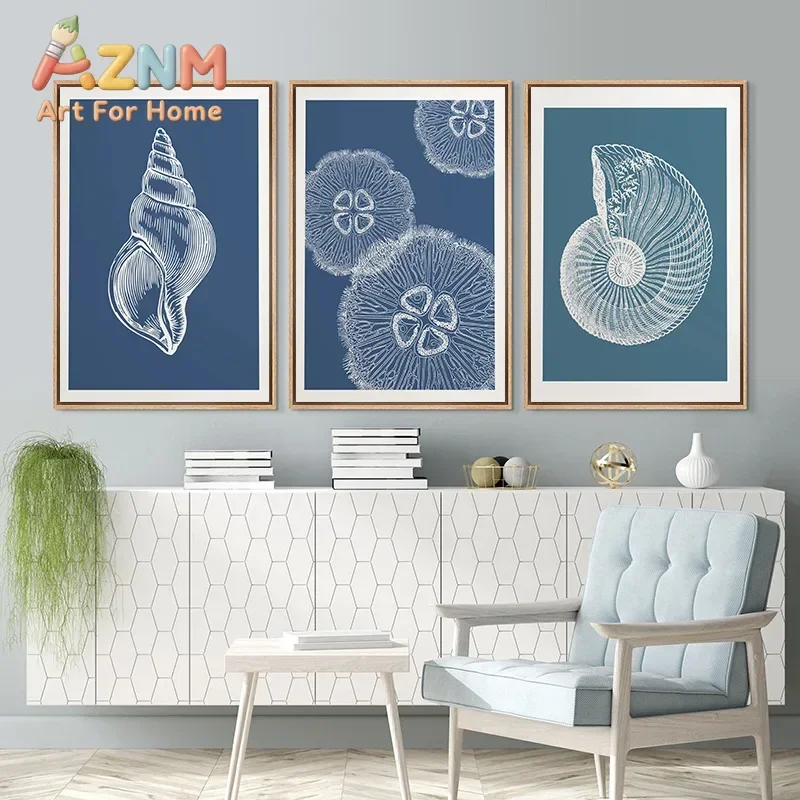Blue Coastal Sea Antique Seashell Sketch Starfish Jellyfish Conch Poster Canvas Painting Print Wall Art for Kids Room Home Decor