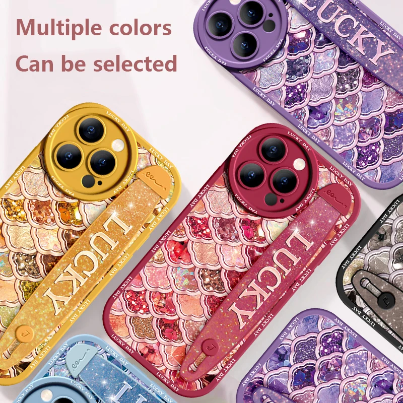 Deluxe Wrist Band Bracket For Iphone 15 14 13 12 11 Pro Max X XR Xs Soft Silicone Cell Phone Case Anti-fall Shiny Shells