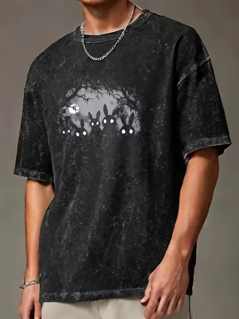Fashionable Short Sleeved T-shirt for Women, Heavyweight Pure Washed and Aged Summer Cartoon Printed Short Sleeved T-shirt Top