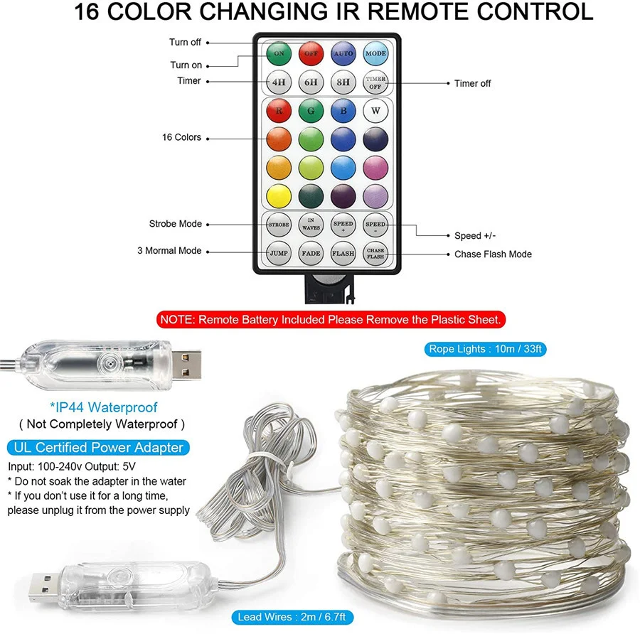 クリスマスツリー用の銅線LEDストリングライト,20m,リモコン,RGB,スマートライト,庭,結婚披露宴,休日の装飾用