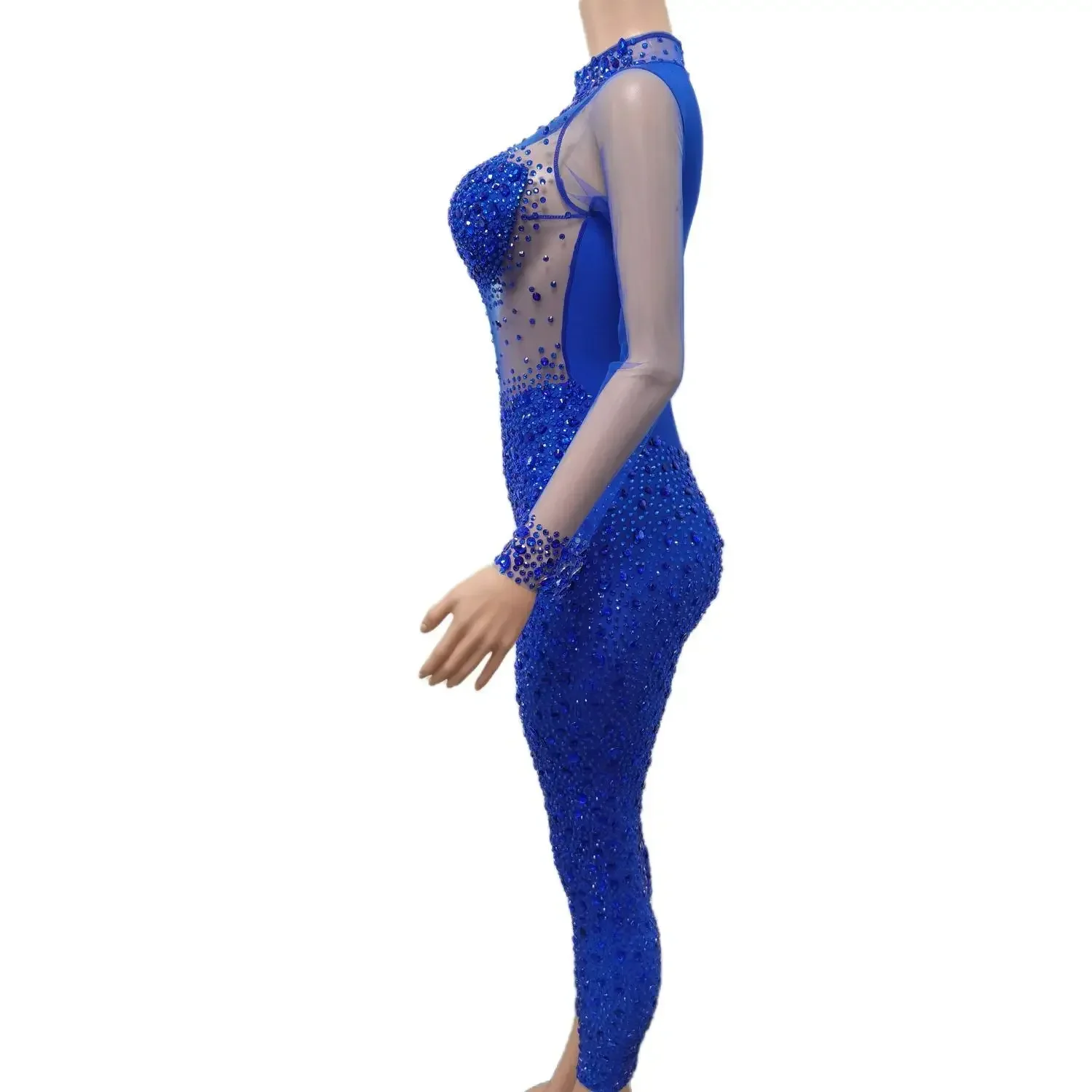 Sparkly Blue Rhinestones Skinny Jumpsuit Women Long Sleeve Tights Prom Party Rompers Concert Singer Dancer Jumpsuit Wangshazuan