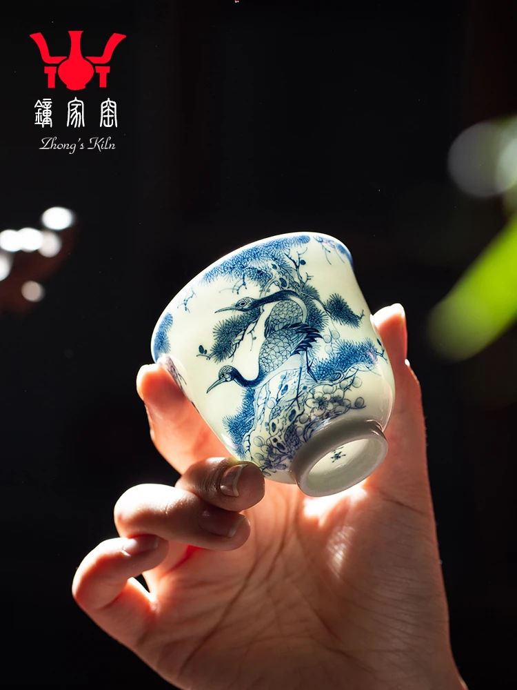 

Zhongjia Single Cup Jingdezhen Fully Handmade Blue White Firewood Kiln Hand-painted Pine And Crane Yannian Smell