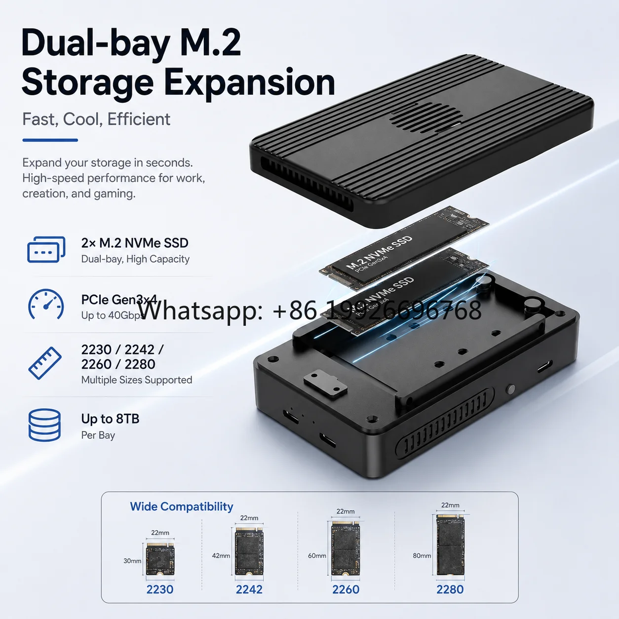 6 in 1 Thunderbolt 3 USB4 Docking Station Dual Bay M.2 NVMe SSD Enclosure 8K Type C Hub 100W PD JHL7440 Aluminum Case with Fan