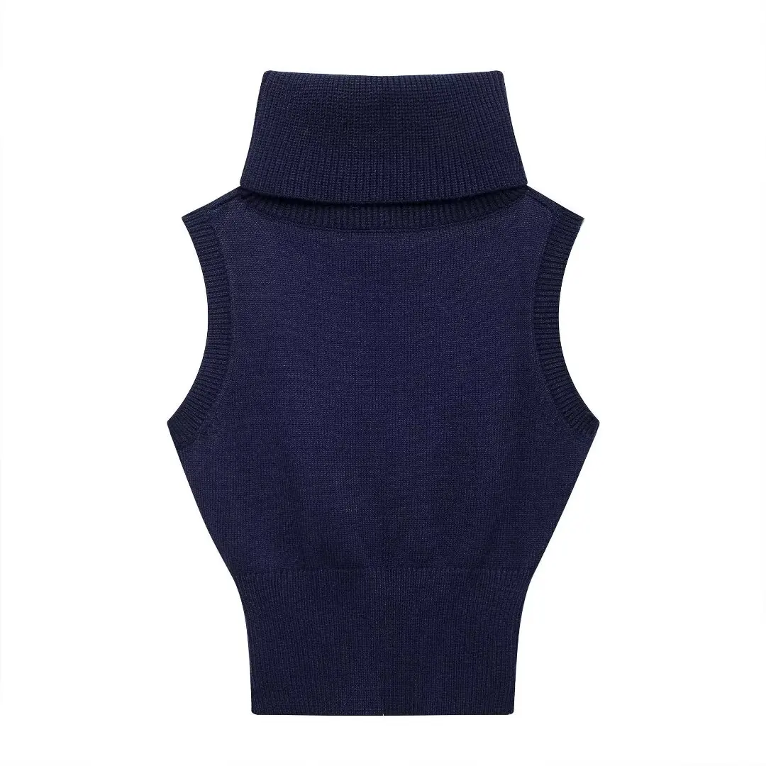 TRAF Sleeveless Knit Vests for Women Turtleneck Cropped Sweater Vest Women Autumn Knitwears Pullover Knitted Jersey Women\'s Vest