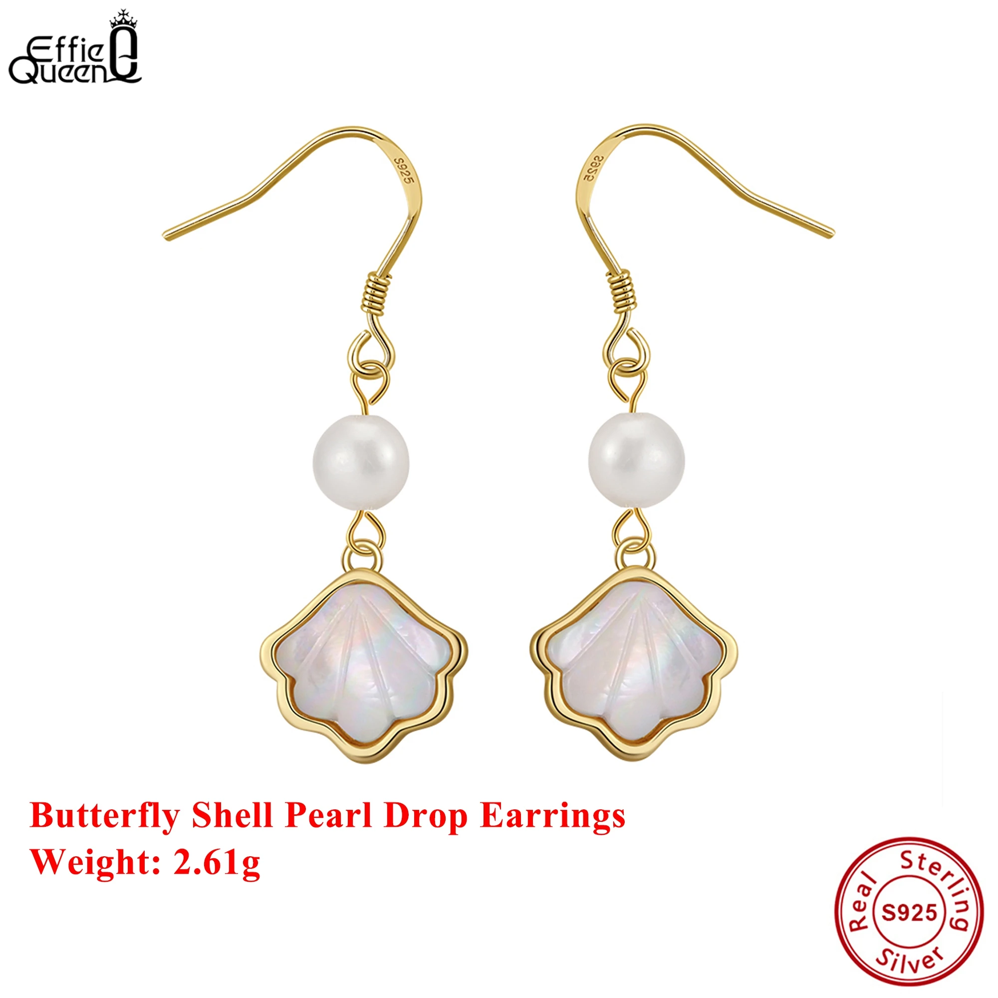 

Effie Queen, 100% стерлинговое серебро 925 пробы, золото 14 карат, круглые висячие серьги с жемчугом, серьги-капли в стиле бабочки для женщин, банкетные GPE120