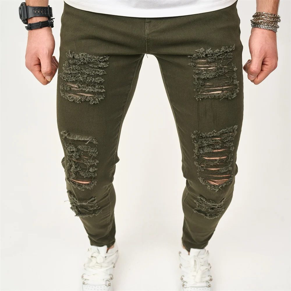 Street style Men Skinny Holes Beggar Jeans Good Quality Men\'s Distressed Stretch Slim Jogging Pencil Denim Pants Male Trousers