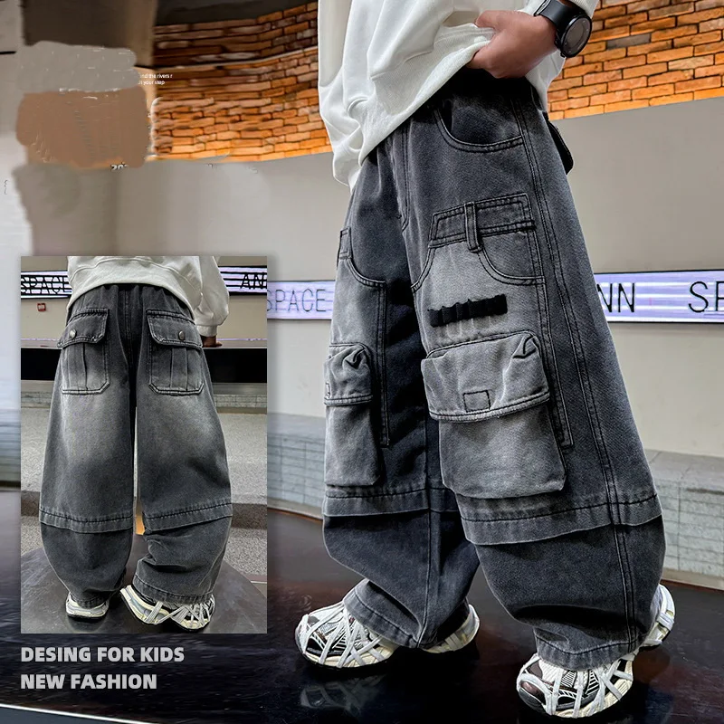 عالية الجودة للأطفال العمل الثقيل فضفاض البضائع الجينز للمراهقين الصبي فضفاضة تناسب جيب الدنيم السراويل التوأم الطفل موضة الجينز بنطلون #1