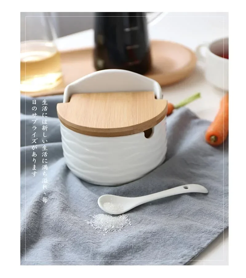 Kitchen Spice Rack Ceramic Wooden Lid Bamboo Tray Base Seasoning Pot Tool Porcelain Storage Container Set Convenient Salt Pepper