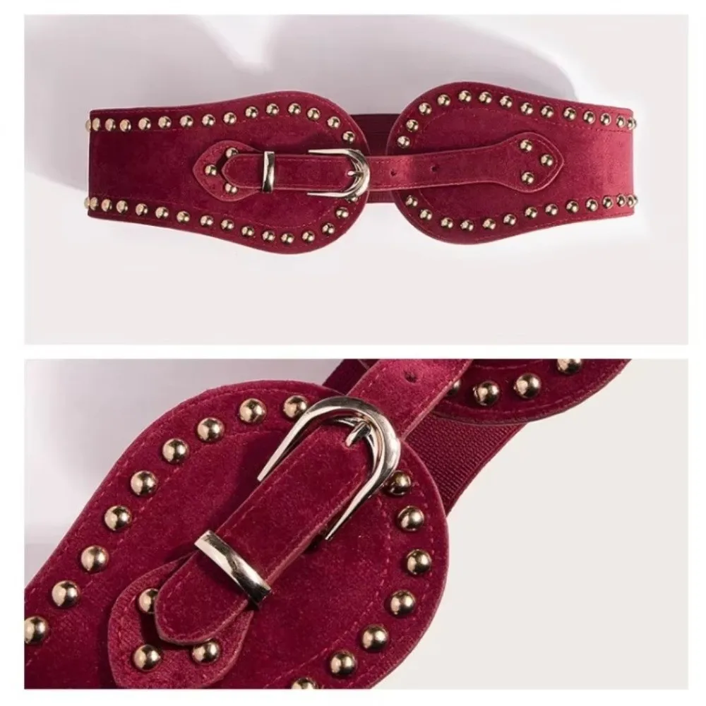 Suede Material Wide Waist Corset Belt Adjustable Buckle Metal Studded Elastic Stretch Waistband Vintage Design Wide Width