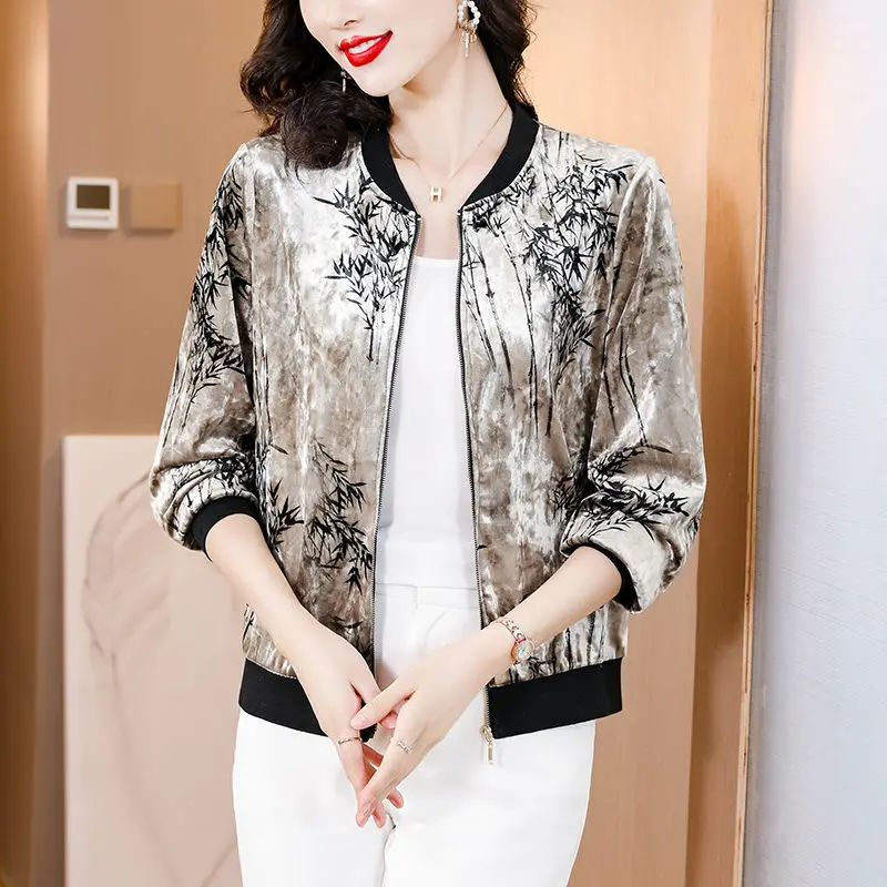 Spring Autumn Plant&Flowers Printing Round Neck Women's Clothing Zipper Long Sleeve Cardigan Coats Elegant Fashionable Tops