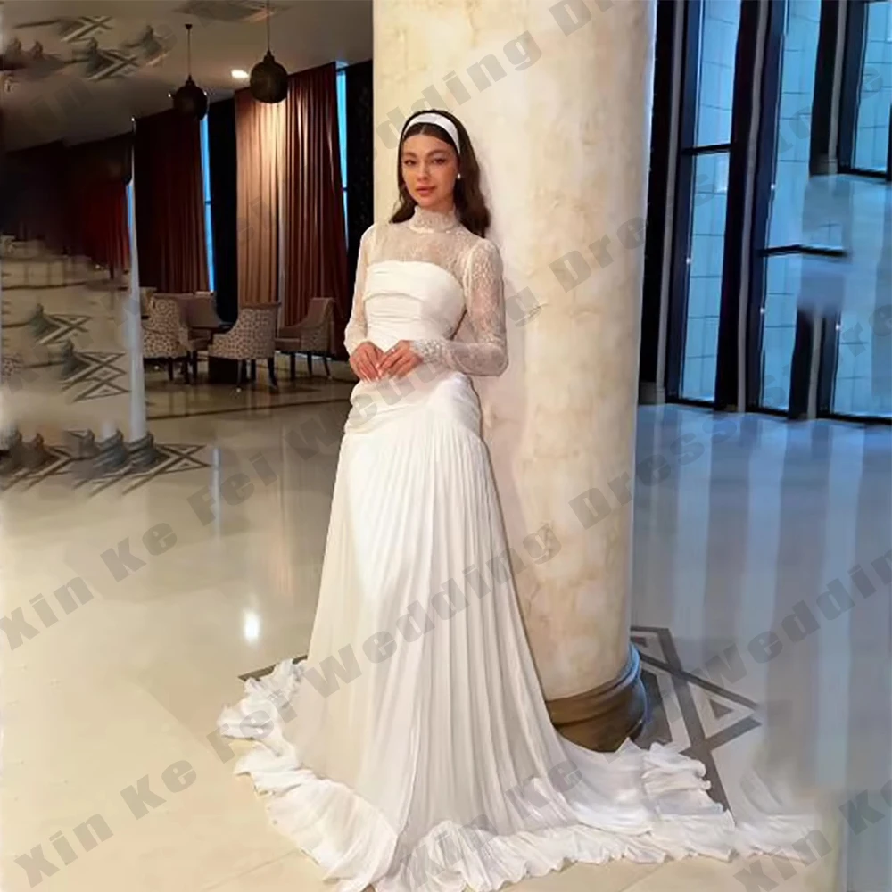 Vintage Lace Wedding Dresses High Neck Applique A-Line Bridal Gowns Irregular Neckline Pleats Princess Bride Dress Customized