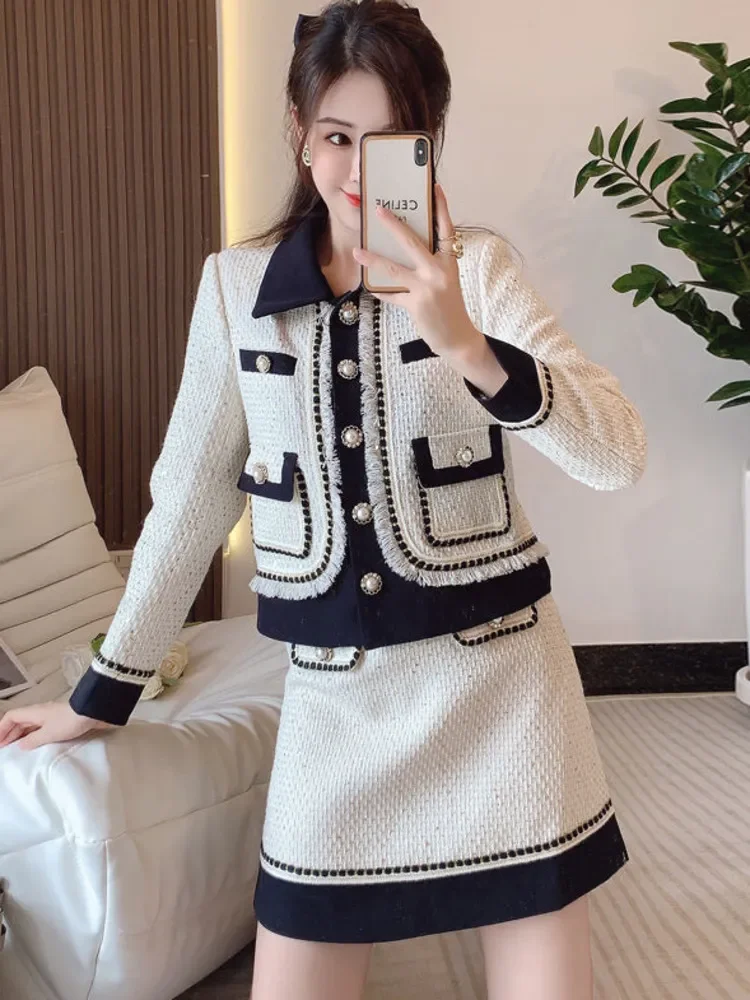 High Quality Luxury Tweed Two Piece Set Women Short Jacket Coat Crop Top + Skirt Suits French Small Fragrance 2 Piece Outfits