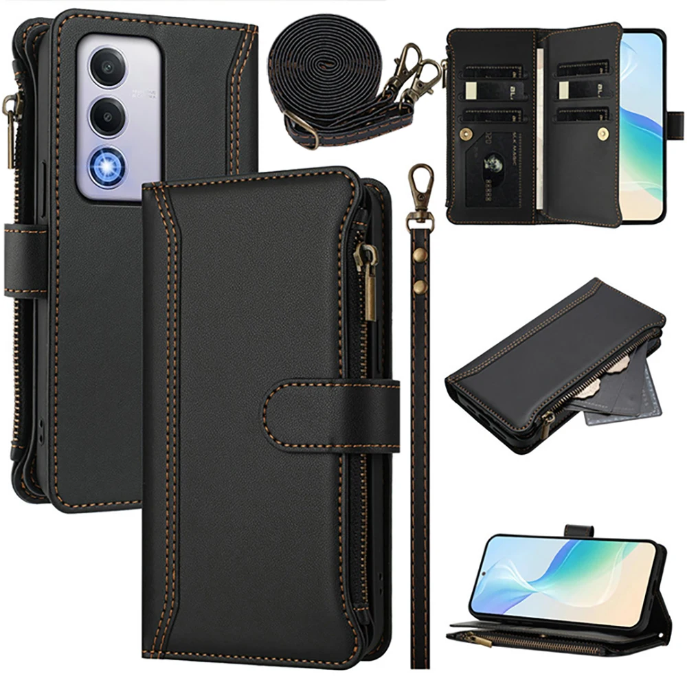 

A80 A 60 40 38 18 98 A79 5G 4G Crosbody 9-Card Zipper Leather Wallet Case For OPPO A40 A60 A80 A79 A98 A78 A58 A38 A18 Cover