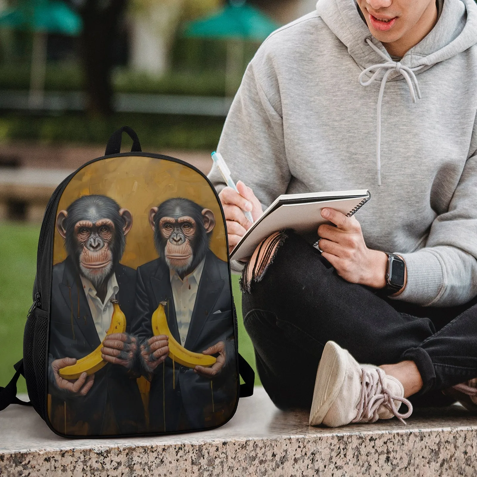 يرتدي الموز القرود Mochila Escolar سستة مطبوعة على ظهره حقيبة كتب حقيبة الجامعة امرأة 17 بوصة حقيبة المدرسة