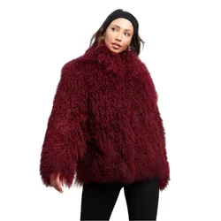 Mongolian Fur Coat Natural Sheep Skin Coat Women Wine Red Fur Jacket High Quality Warm Luxury Lamb Fur Coat