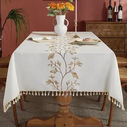 Cotton Linen Table Cloth Heavy Duty Embroidery Tablecloths Farmhouse Tablecloth, Soft and Wrinkle Free Table Cover with Tassels