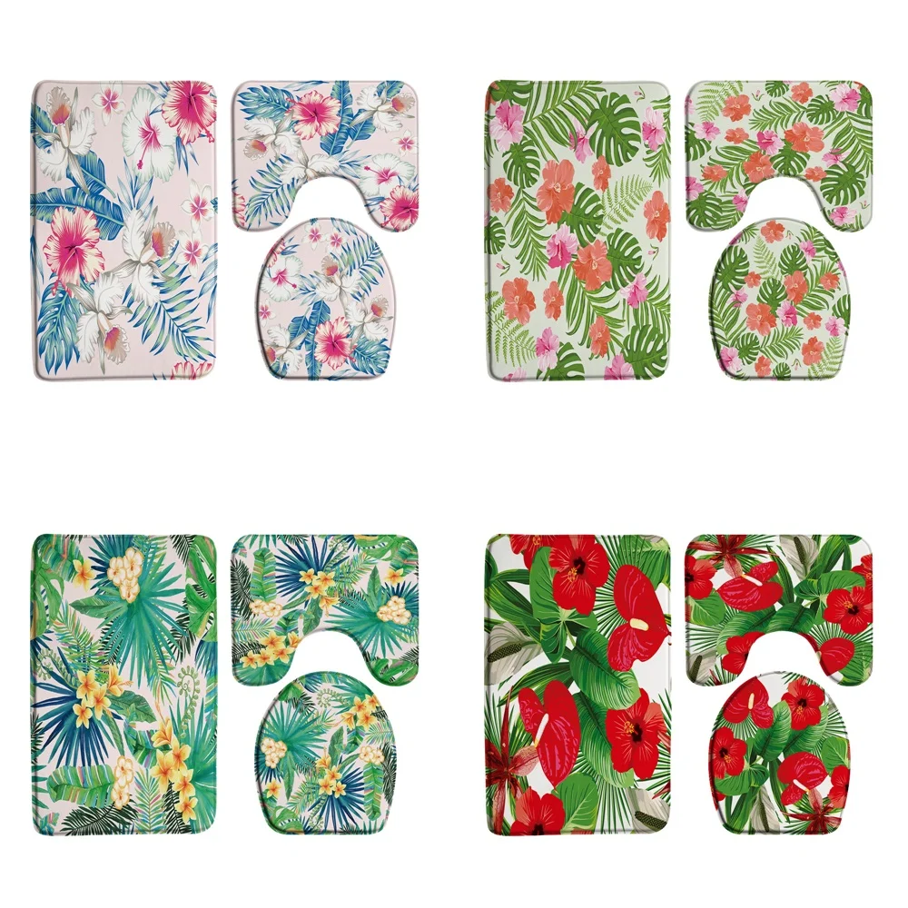 

Plant Leaf Flowers Bath Mat Sets Tropical Palm Leaves Floral Non-slip Toilet Lid Cover Foot Rugs Carpet Bathroom Accessory Decor