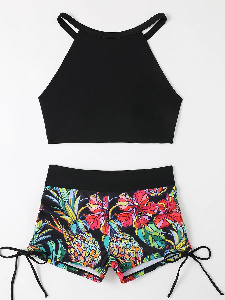 

2025 Print High Waist Swimsuit Women High Neck Bikini Drawstring Swimwear Female Bathers Bathing Swimming Swim Suit Beachwear