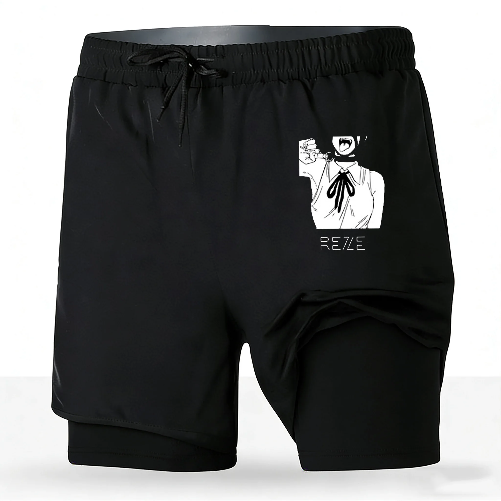 Chainsaw Man Reze Bomb Devil Black White Manga 2 in 1 Performance Athletic Shorts 2026 Anime Gym Workout Shorts for Men Women
